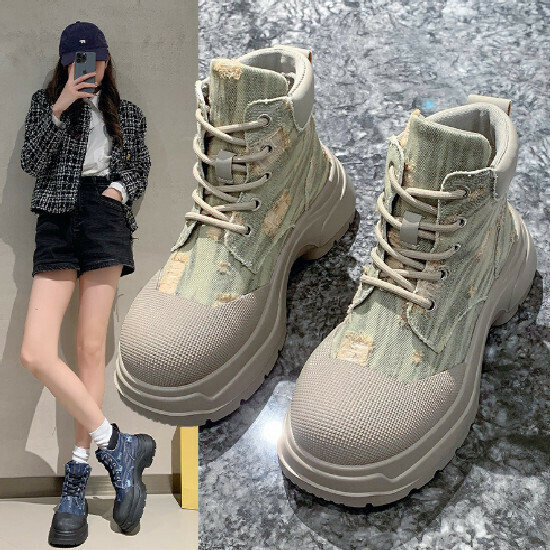 熱賣帆布破洞馬丁靴【米灰色】【35-40碼】(下單後請聯絡客服確認發貨尺碼)