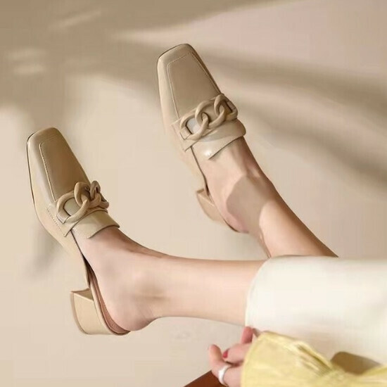 Hot selling Baotou medium heel slippers [Apricot color] [Size 34-40] (please contact customer service to confirm the delivery size after placing the order)