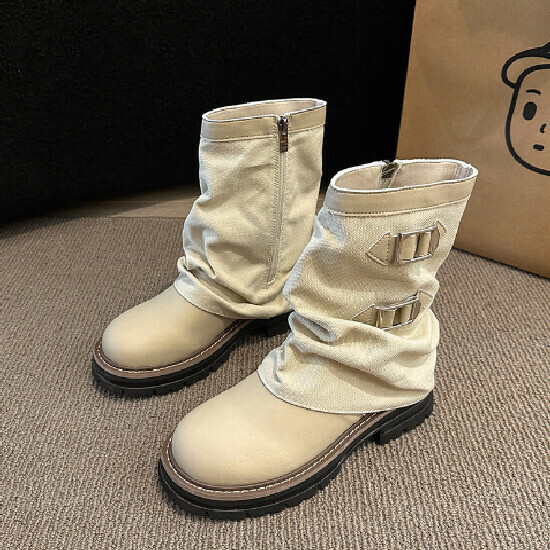 熱賣粗跟機車靴【米白色】【35-39碼】(下單後請聯絡客服確認發貨尺碼)