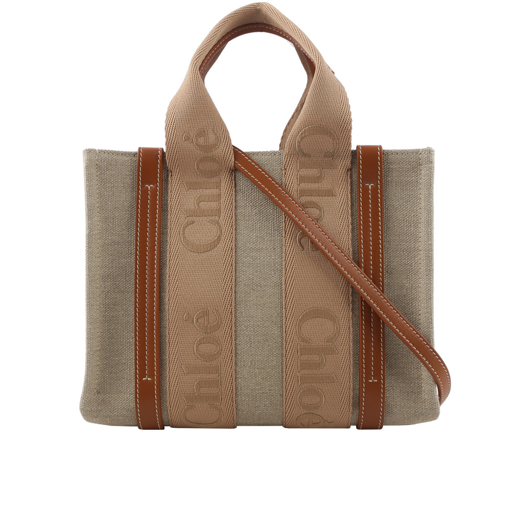 【CHLOE'】Woody 帆布拼牛皮手提/斜背二用托特包(小)(奶茶色) CHC23AS397L17 275