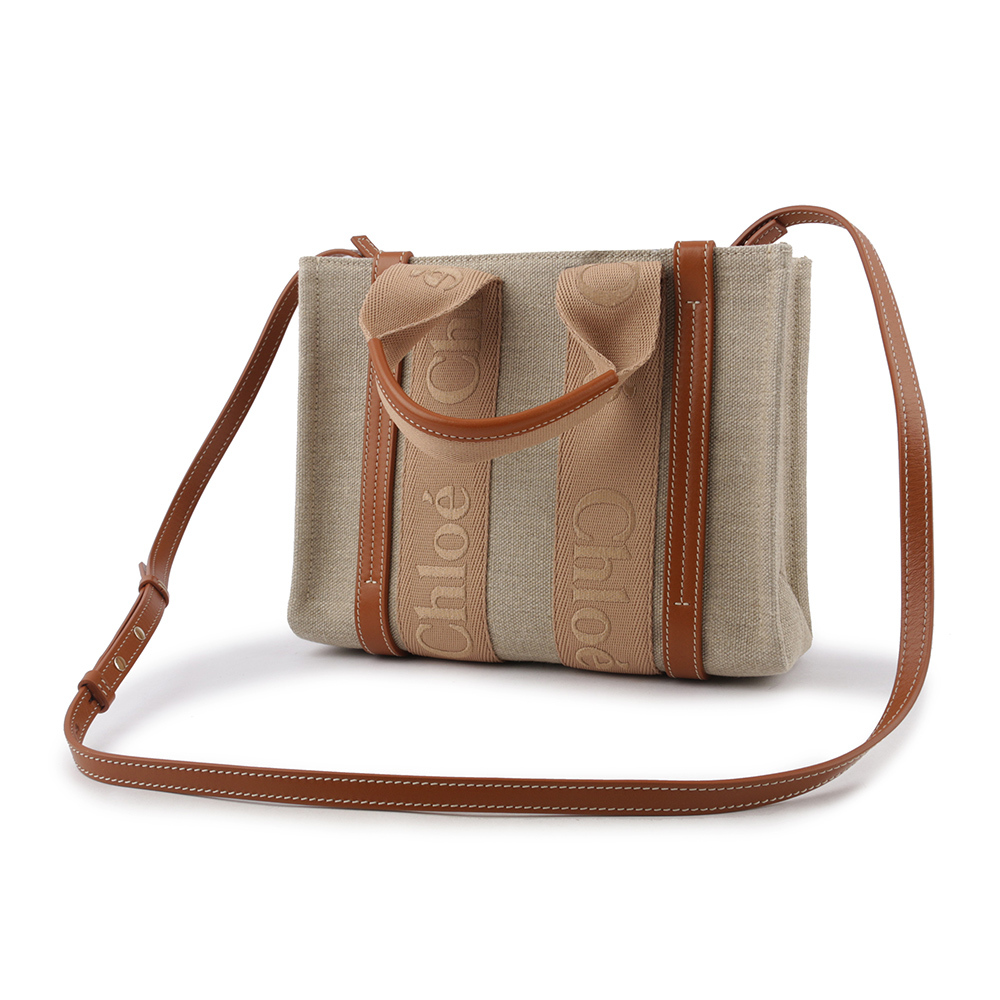 【CHLOE'】Woody 帆布拼牛皮手提/斜背二用托特包(小)(奶茶色) CHC23AS397L17 275