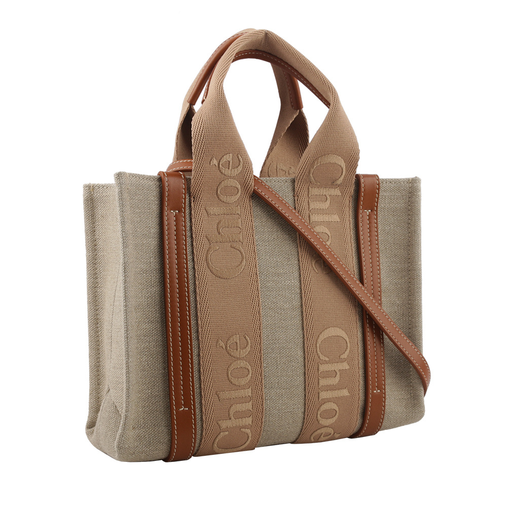 【CHLOE'】Woody 帆布拼牛皮手提/斜背二用托特包(小)(奶茶色) CHC23AS397L17 275