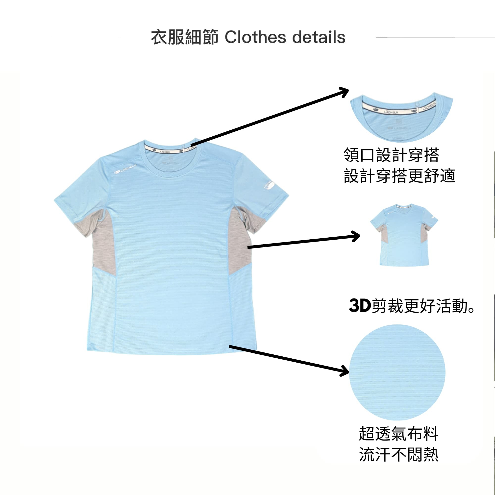 中性快乾腋下3D剪裁圓T 產品細節特色。
