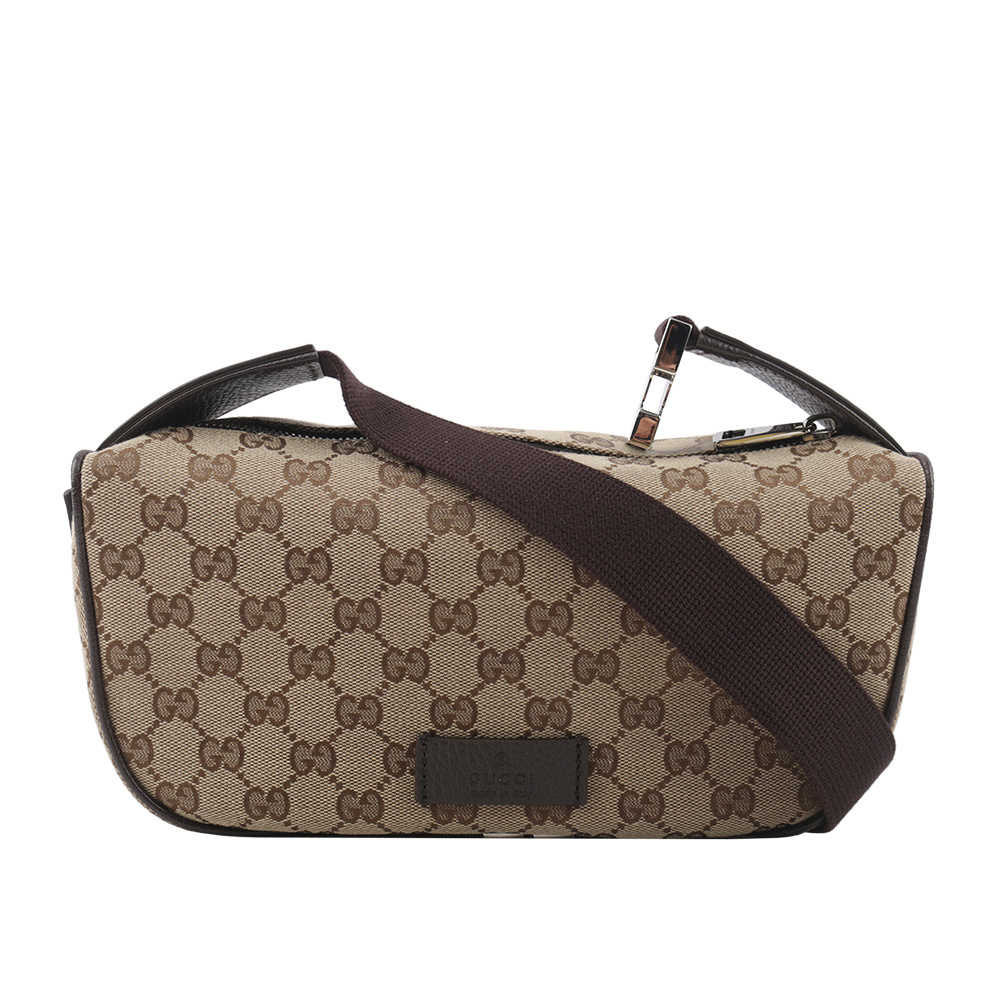 【GUCCI】GG Logo 緹花布及皮革腰包/胸口包(咖啡色) 630915 KY9KN 9886