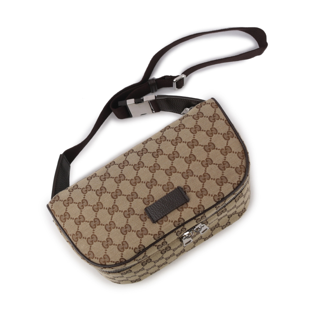 【GUCCI】GG Logo 緹花布及皮革腰包/胸口包(咖啡色) 630915 KY9KN 9886
