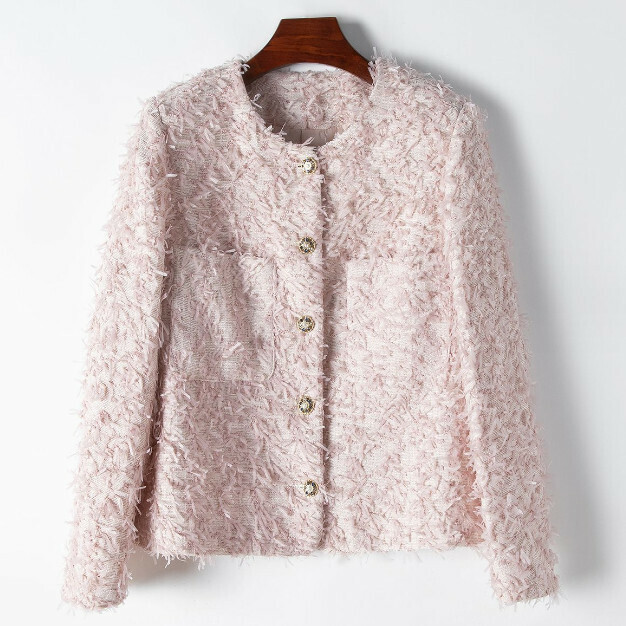 Hot Selling Round Neck Feather Tassel Short Jacket (S/M Size) (Pink) (Contact customer service after placing order to confirm delivery size)