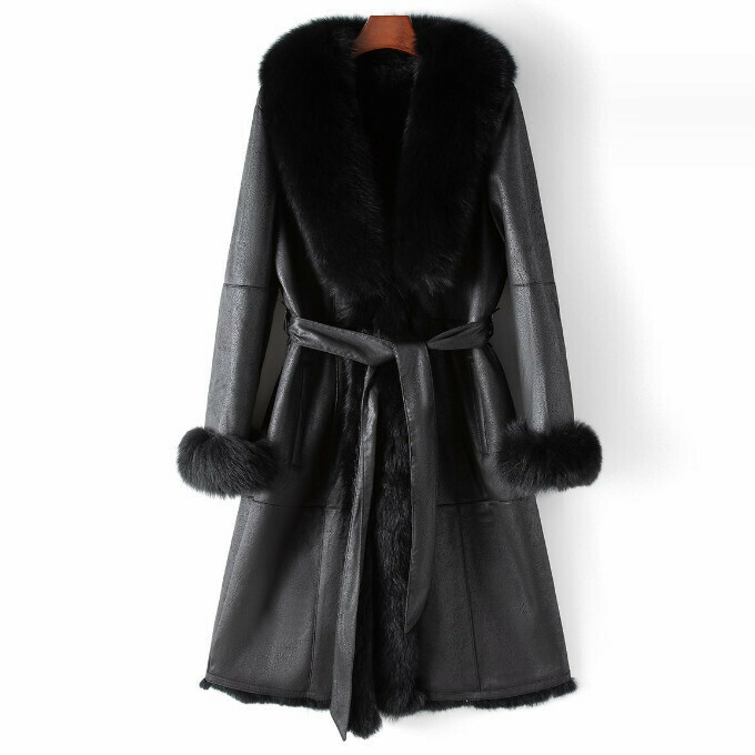 熱賣狐狸毛領兔皮毛一體長款外套(XL-3XL碼)(黑色)(下單後聯絡客服確認發貨尺碼)   