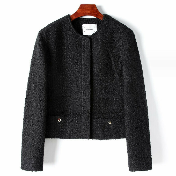 Hot Selling Blended Round Neck Short Jacket (S-L Size) (Black) (Contact customer service after placing order to confirm delivery size)