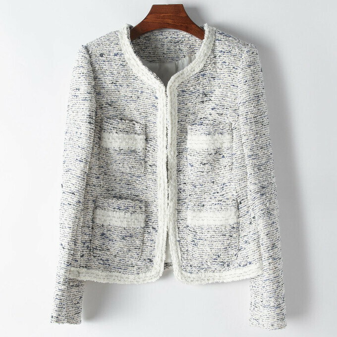 Hot selling striped round neck short jacket (M-2XL size) (blue and white stripes) (contact customer service after placing the order to confirm the delivery size)