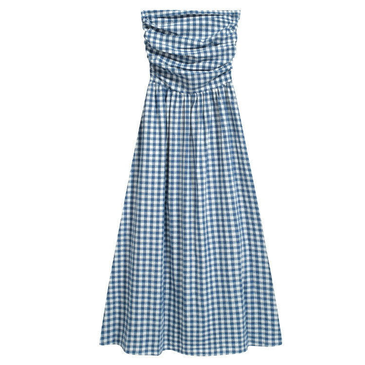 Hot selling plaid tube top dress (blue and white plaid) (S-L size) (contact customer service after placing the order to confirm the delivery size)