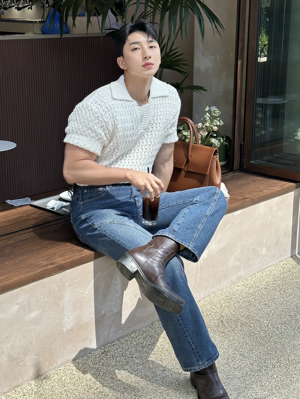 網眼領子短袖針織衫