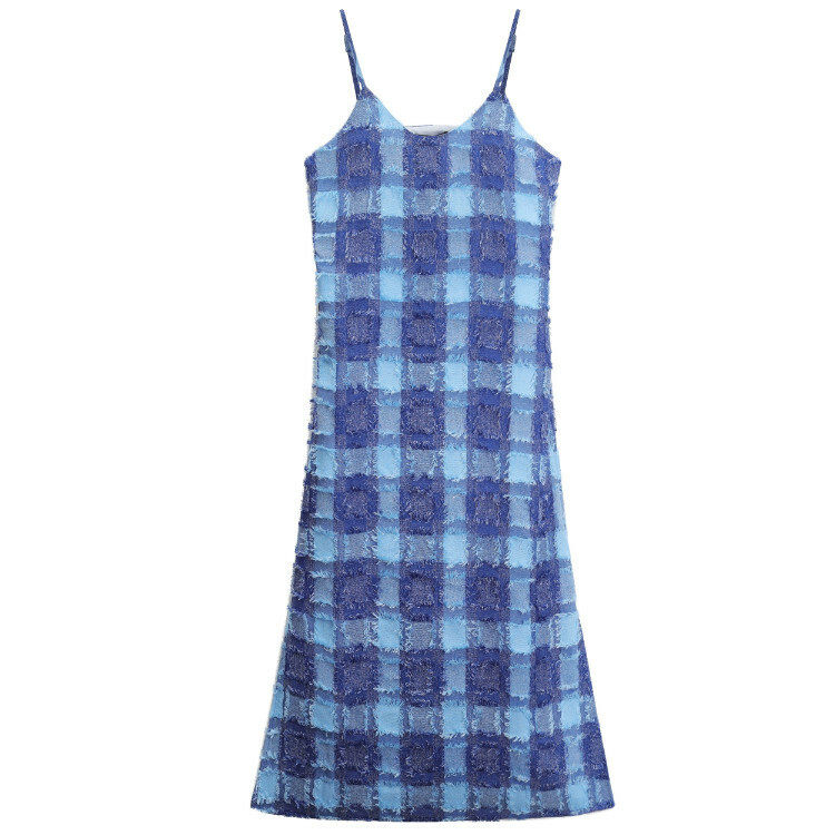 Hot selling tassel checkerboard suspender skirt (denim blue) (XS-L size) (contact customer service after placing the order to confirm the delivery size)