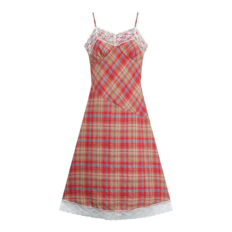 Hot selling lace red plaid suspender skirt (red) (S/M size) (contact customer service after placing the order to confirm the delivery size)