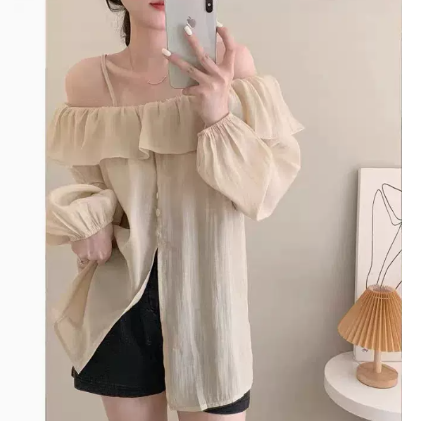 Ruffled Neck Camisole Long-Sleeved Top (Apricot Size: S-3XL) (Please contact customer service to confirm the shipping size after placing an order)
