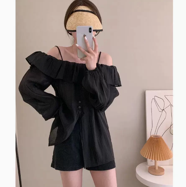 Ruffled Neck Camisole Long-Sleeved Top (Black Size: S-3XL) (Please contact customer service to confirm the shipping size after placing an order)