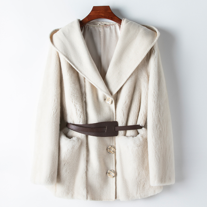 Hot selling mink fur and woolen hooded mink coat (size M) (pearl color)