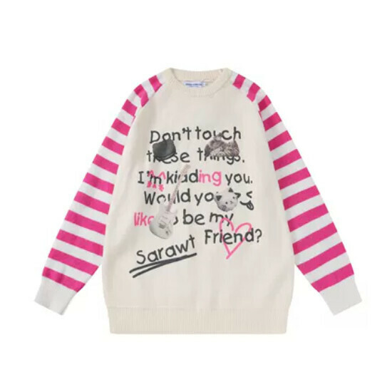 Hot selling striped color block raglan thin sweater [Rose Red] [S-XL size] (please contact customer service to confirm the delivery size after placing the order)