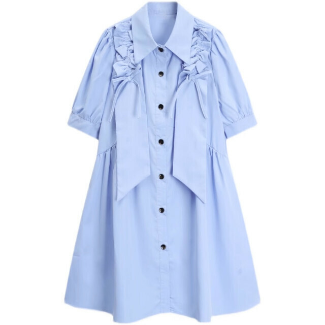 Hot selling pleated bow short-sleeved shirt dress (blue) (XS-M size) (contact customer service after placing the order to confirm the delivery size)