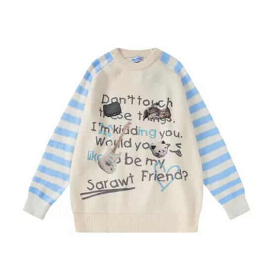 Hot selling striped color block raglan thin sweater [blue] [S-XL size] (please contact customer service to confirm the delivery size after placing the order)