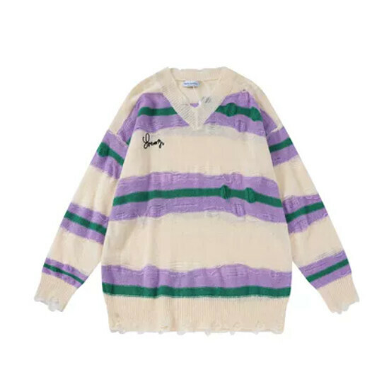 Hot selling striped color-blocked ripped hem couple's knitted sweater [Apricot] [S-XL size] (please contact customer service to confirm the delivery size after placing the order)