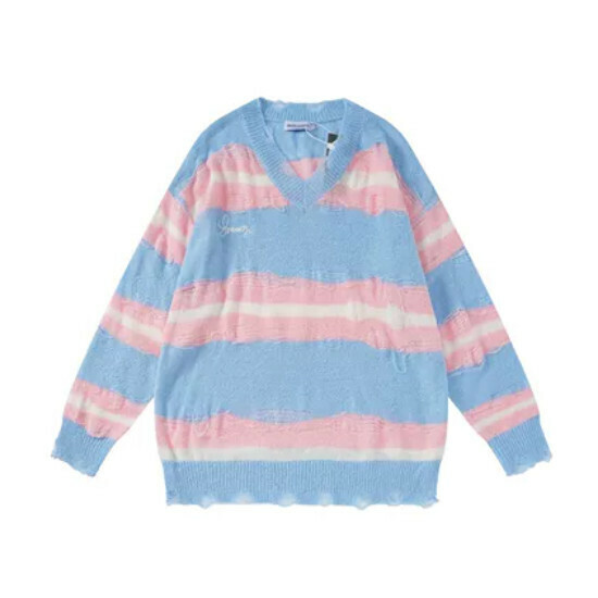 Hot selling striped color-blocked ripped hem couple's knitted sweater [blue] [S-XL size] (please contact customer service to confirm the delivery size after placing the order)