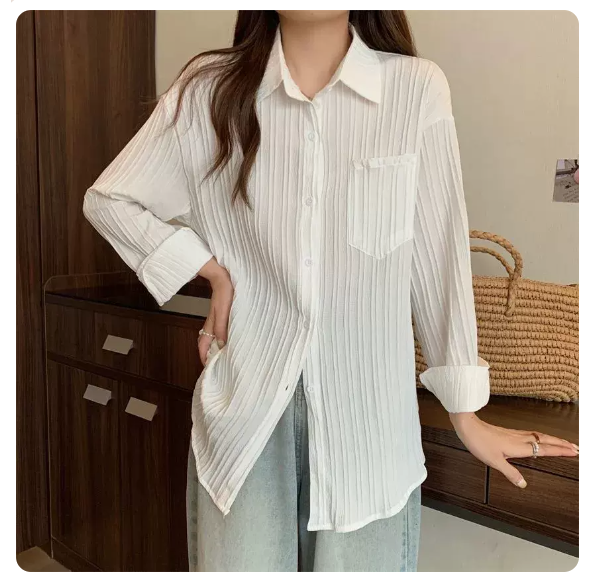 Loose mid-length shirt jacket (white size: S-3XL) (please contact customer service to confirm the shipping size after placing an order)