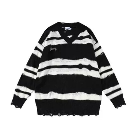 Hot selling striped color-blocked ripped hem couple's knitted sweater [Black] [S-XL size] (please contact customer service to confirm the delivery size after placing the order)