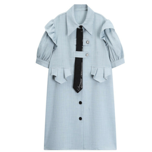 Hot selling ruffled tie shirt dress (green) (size S-L) (contact customer service after placing order to confirm delivery size)