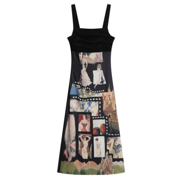 Hot selling oil painting printed suspender dress (color matching) (S-L size) (contact customer service after placing the order to confirm the delivery size)