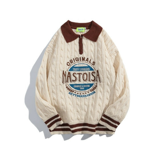 Hot selling color block POLO collar sweater and sweater [off-white] [S-XL size] (please contact customer service to confirm the delivery size after placing the order)