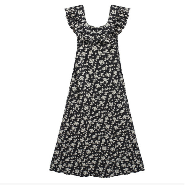 Hot selling flying sleeve floral dress (black) (S-XL size) (contact customer service after placing the order to confirm the delivery size)