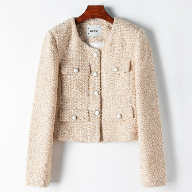 Hot selling short round neck blended jacket (S/M size) (wheat color) (contact customer service after placing the order to confirm the delivery size)