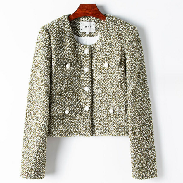 Hot selling short round neck blended jacket (S/M size) (grass green) (contact customer service after placing the order to confirm the delivery size)
