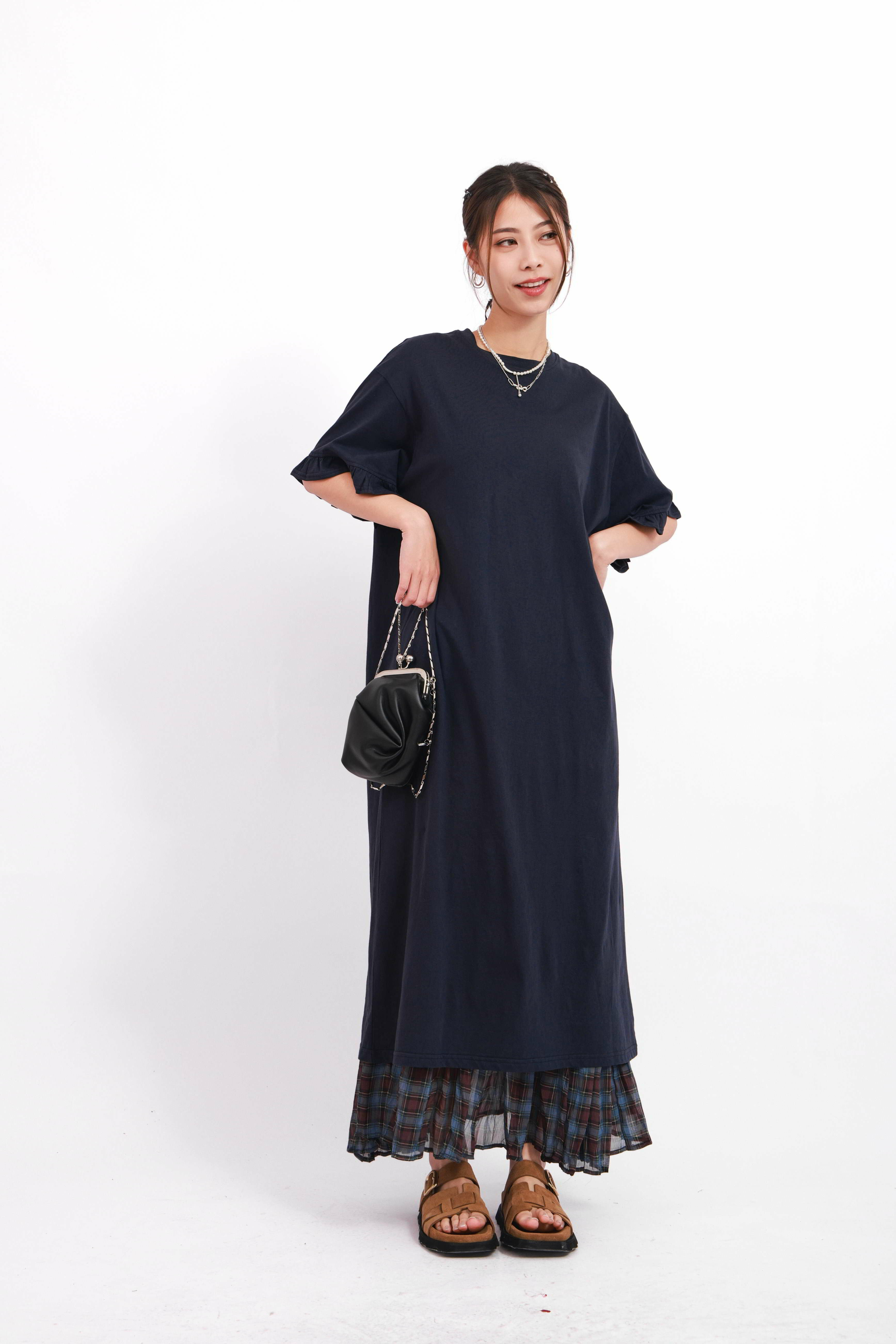 荷葉邊袖T恤料連身裙 (現貨款式）