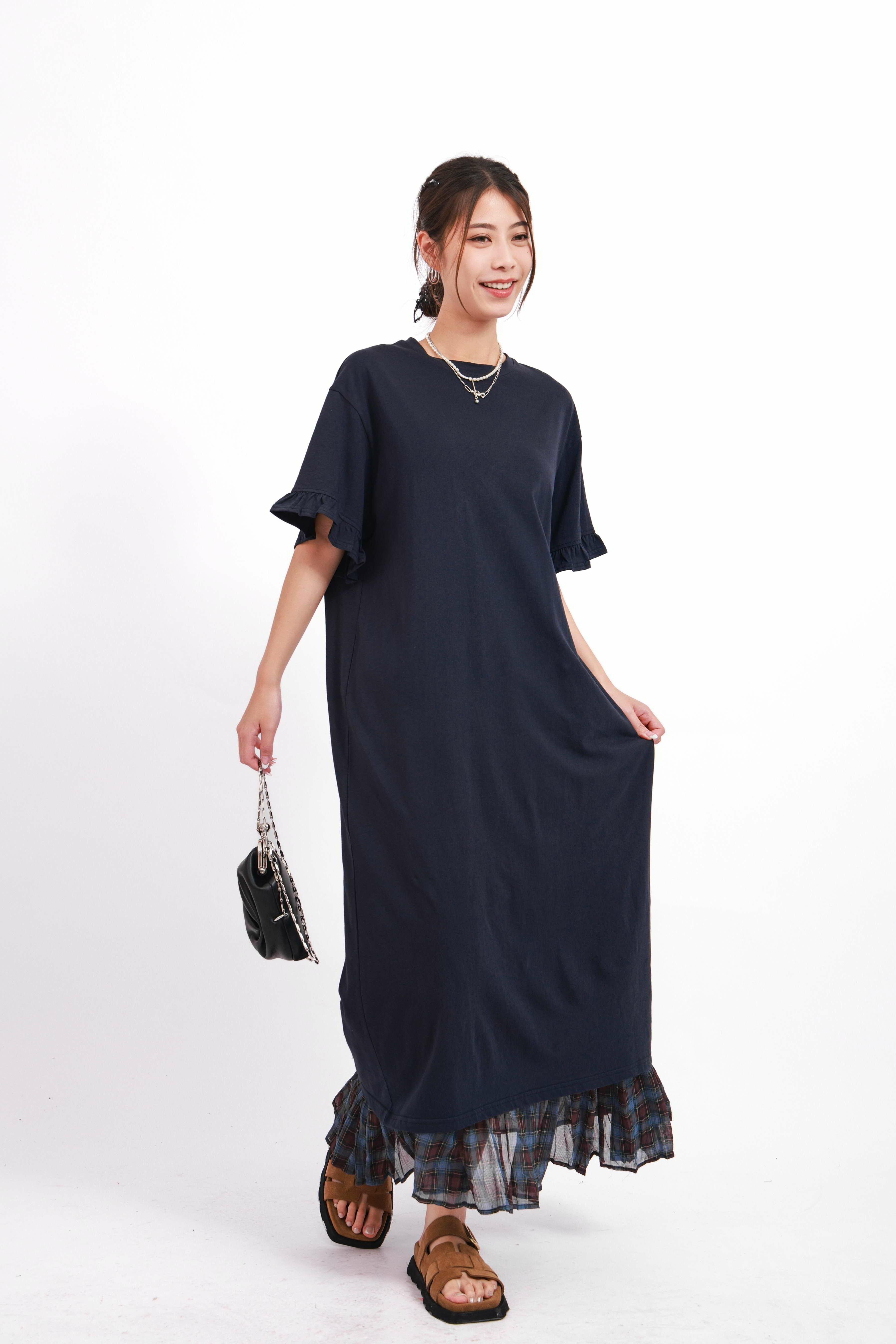 荷葉邊袖T恤料連身裙 (現貨款式）