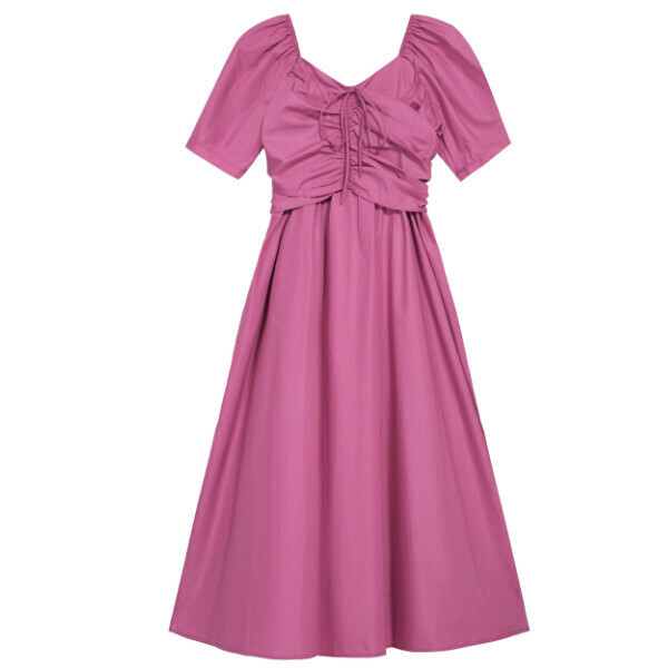 Hot selling bow puff sleeve elegant long skirt (rose red) (S-L size) (contact customer service after placing the order to confirm the delivery size)
