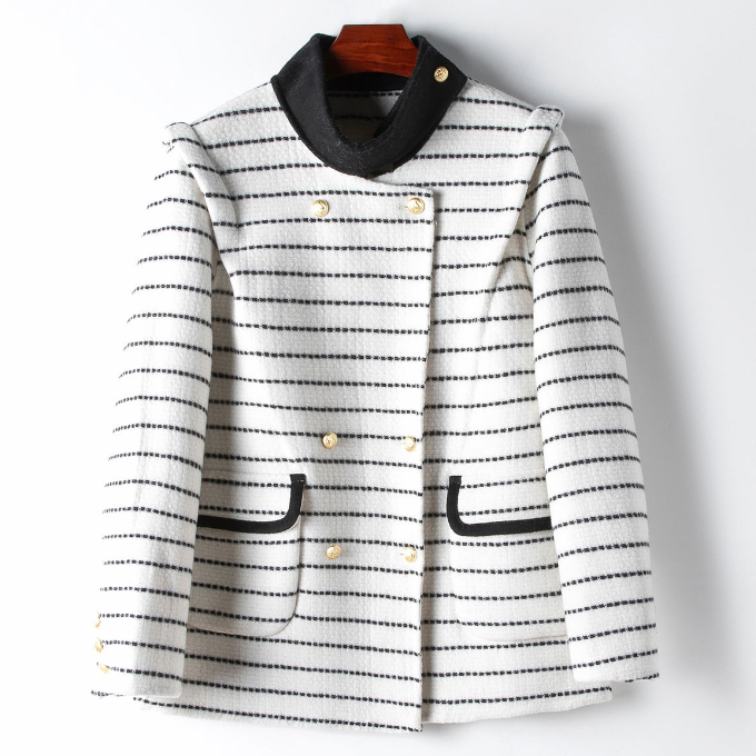 Hot selling contrast striped woolen jacket (size M) (white stripes)