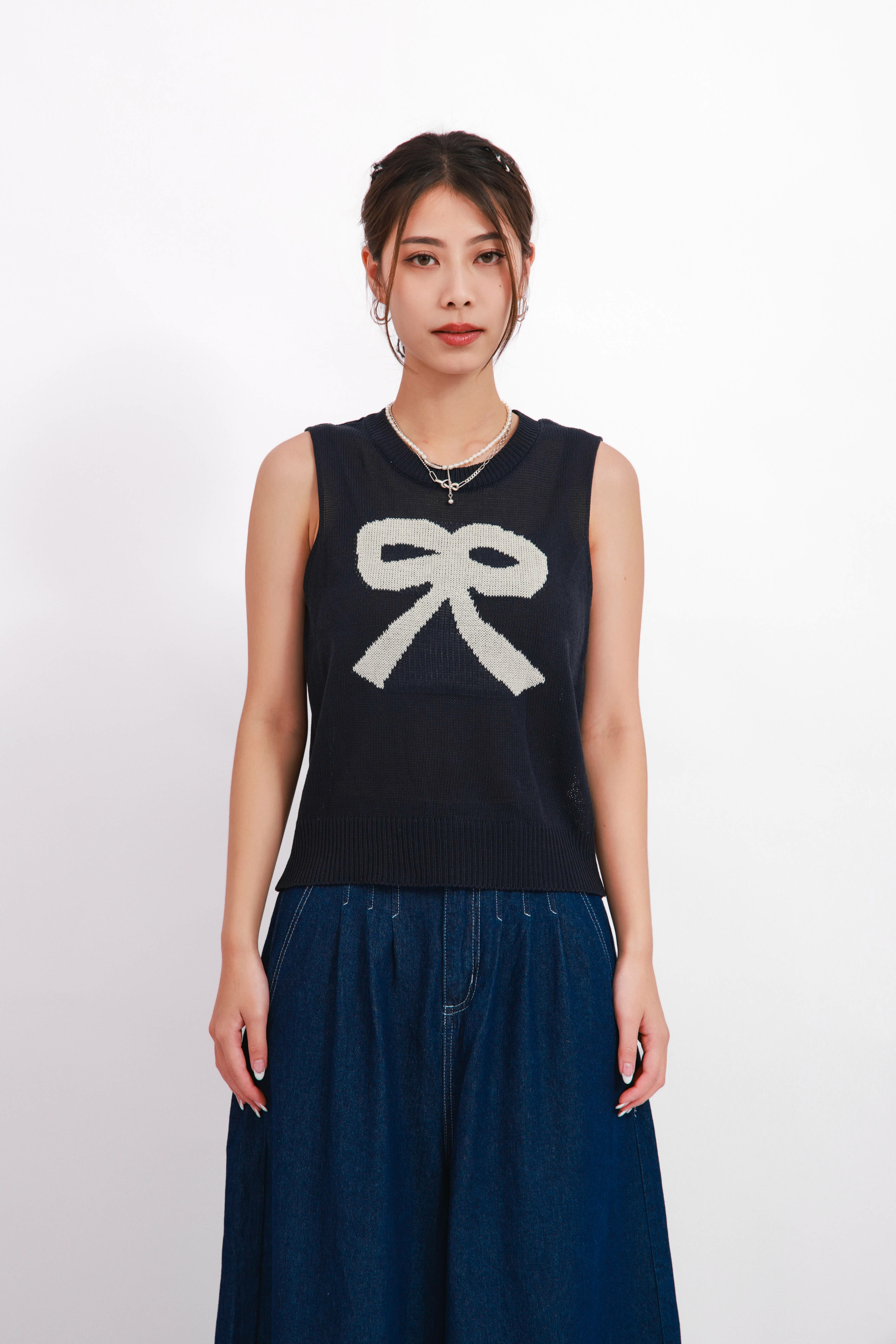 蝴蝶結織花針織背心 (現貨款式）