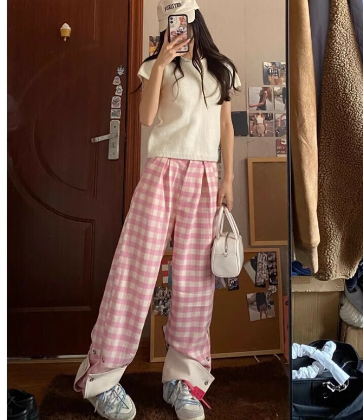 Hot selling straight thin casual pants [pink white] sizes [S to XL] [please contact customer service to confirm the delivery size after placing the order]