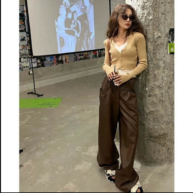 Hot selling PU leather wide-leg pants [brown trousers] sizes [S-XL] [please contact customer service to confirm the delivery size after placing the order]