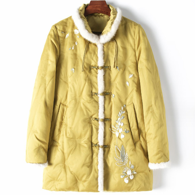 Hot Selling Mulberry Silk Veil White Goose Down Spliced ​​Mink Collar Down Jacket (S-L Size) (Ginger Yellow) (Contact customer service after placing the order to confirm the delivery size)