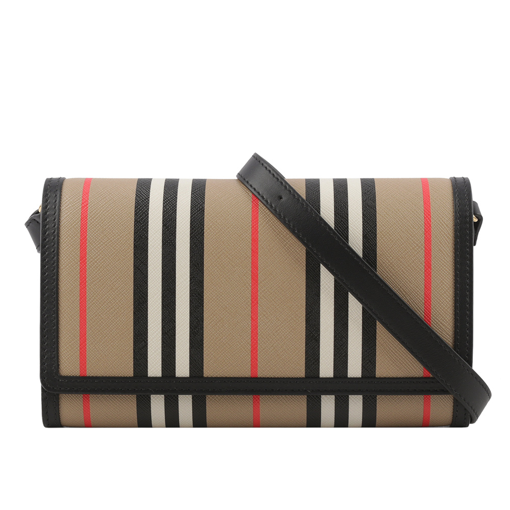 【BURBERRY】Hannah Icon Stripe 經典條紋皮夾式斜背包(米色/黑色) 80730731