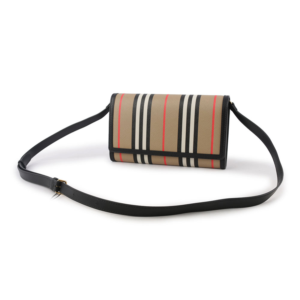 【BURBERRY】Hannah Icon Stripe 經典條紋皮夾式斜背包(米色/黑色) 80730731