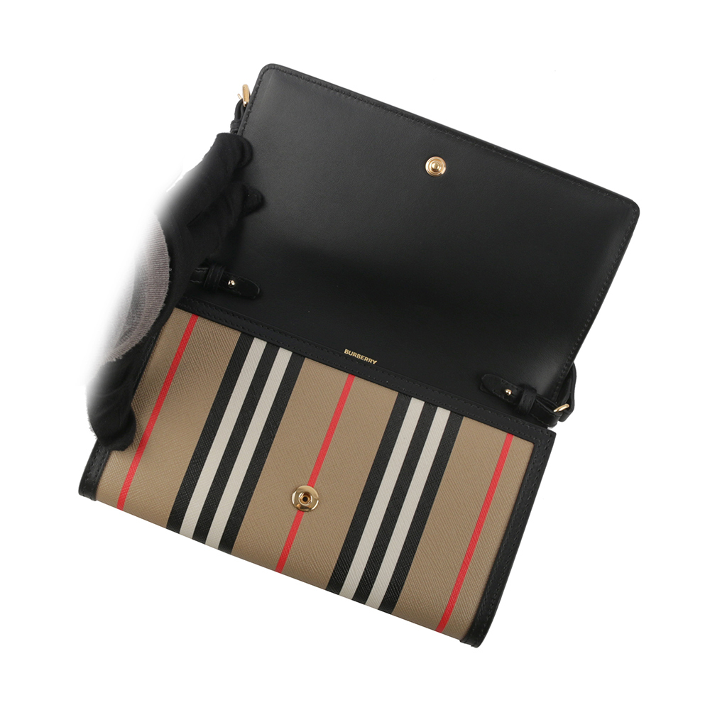 【BURBERRY】Hannah Icon Stripe 經典條紋皮夾式斜背包(米色/黑色) 80730731