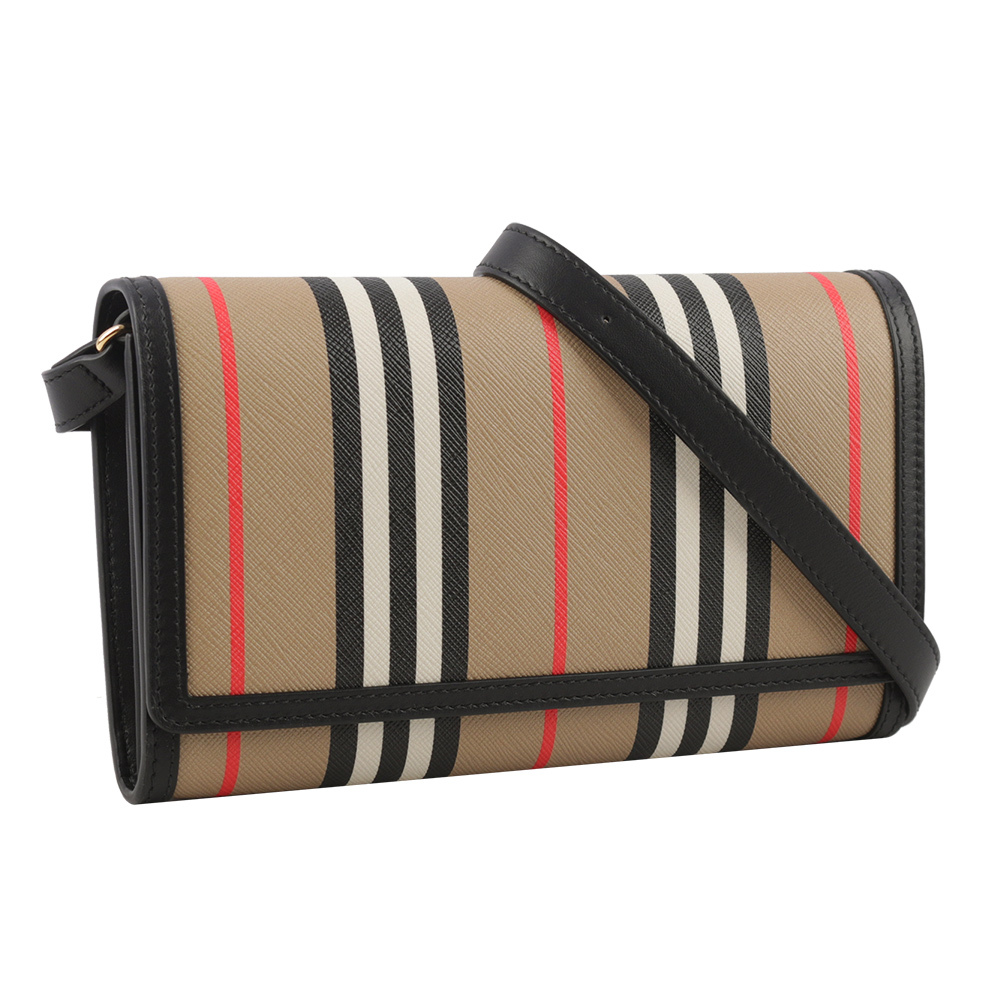 【BURBERRY】Hannah Icon Stripe 經典條紋皮夾式斜背包(米色/黑色) 80730731