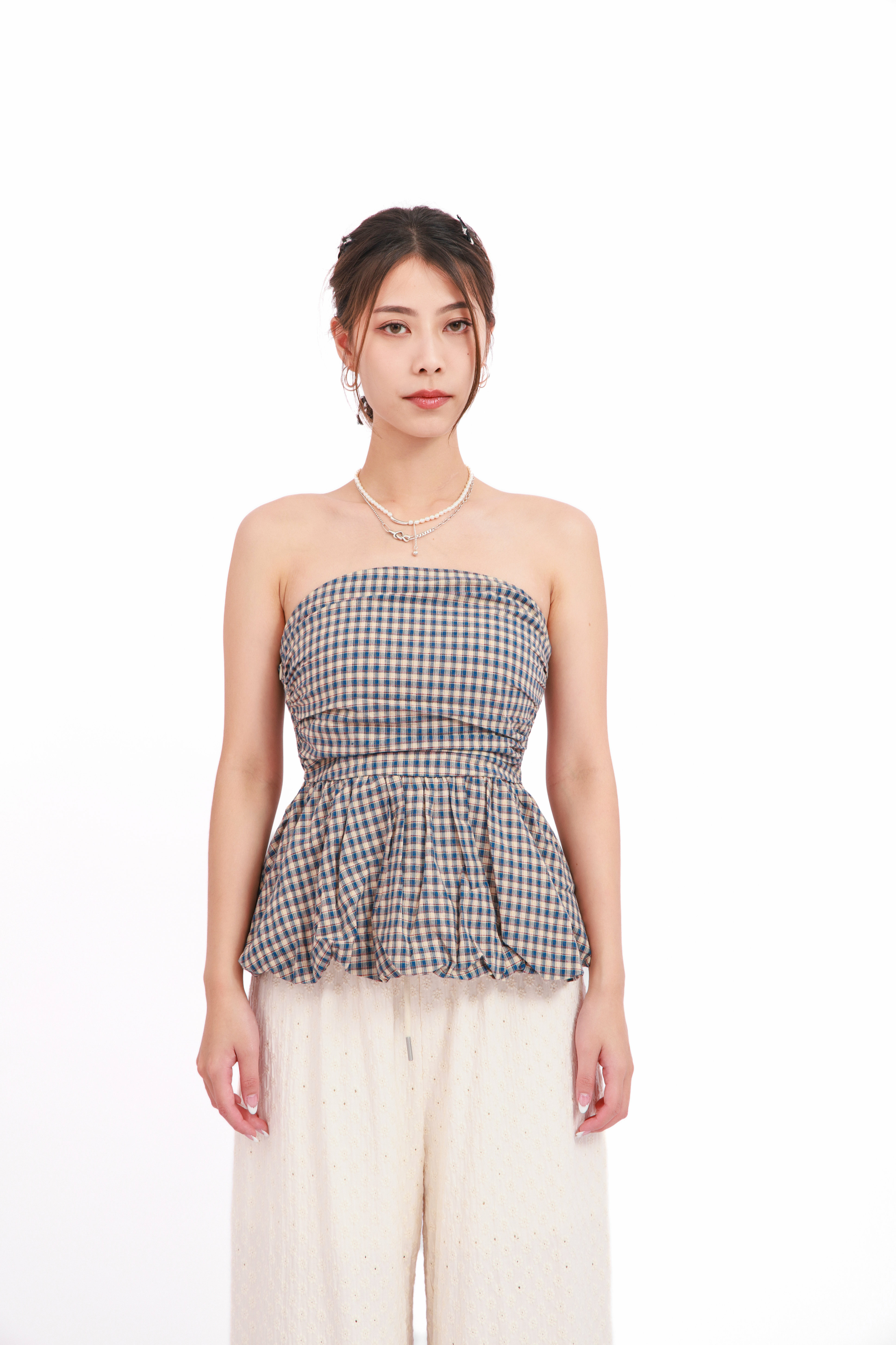 泡泡腳細格無肩帶上衣（現貨款式）