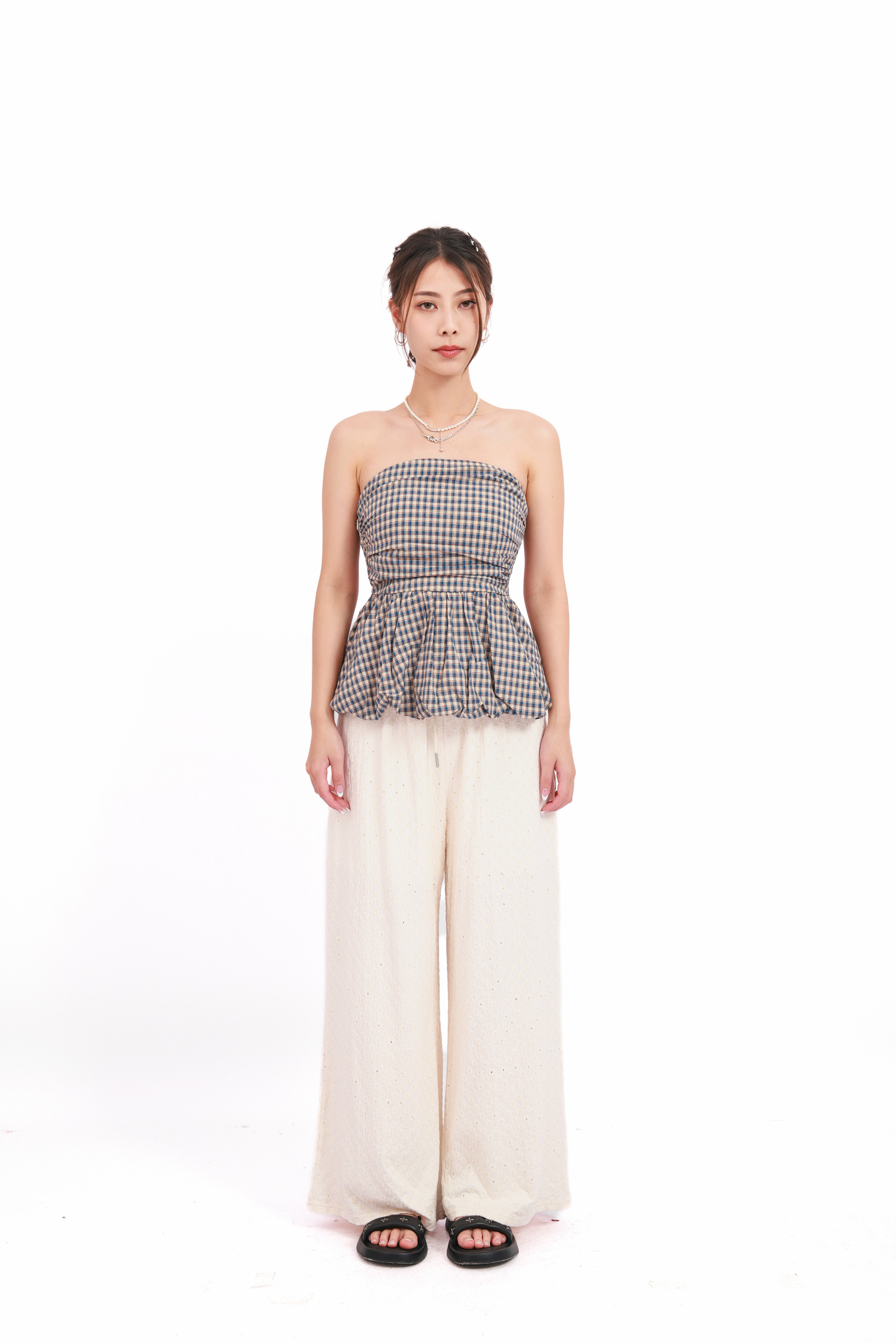 泡泡腳細格無肩帶上衣（現貨款式）