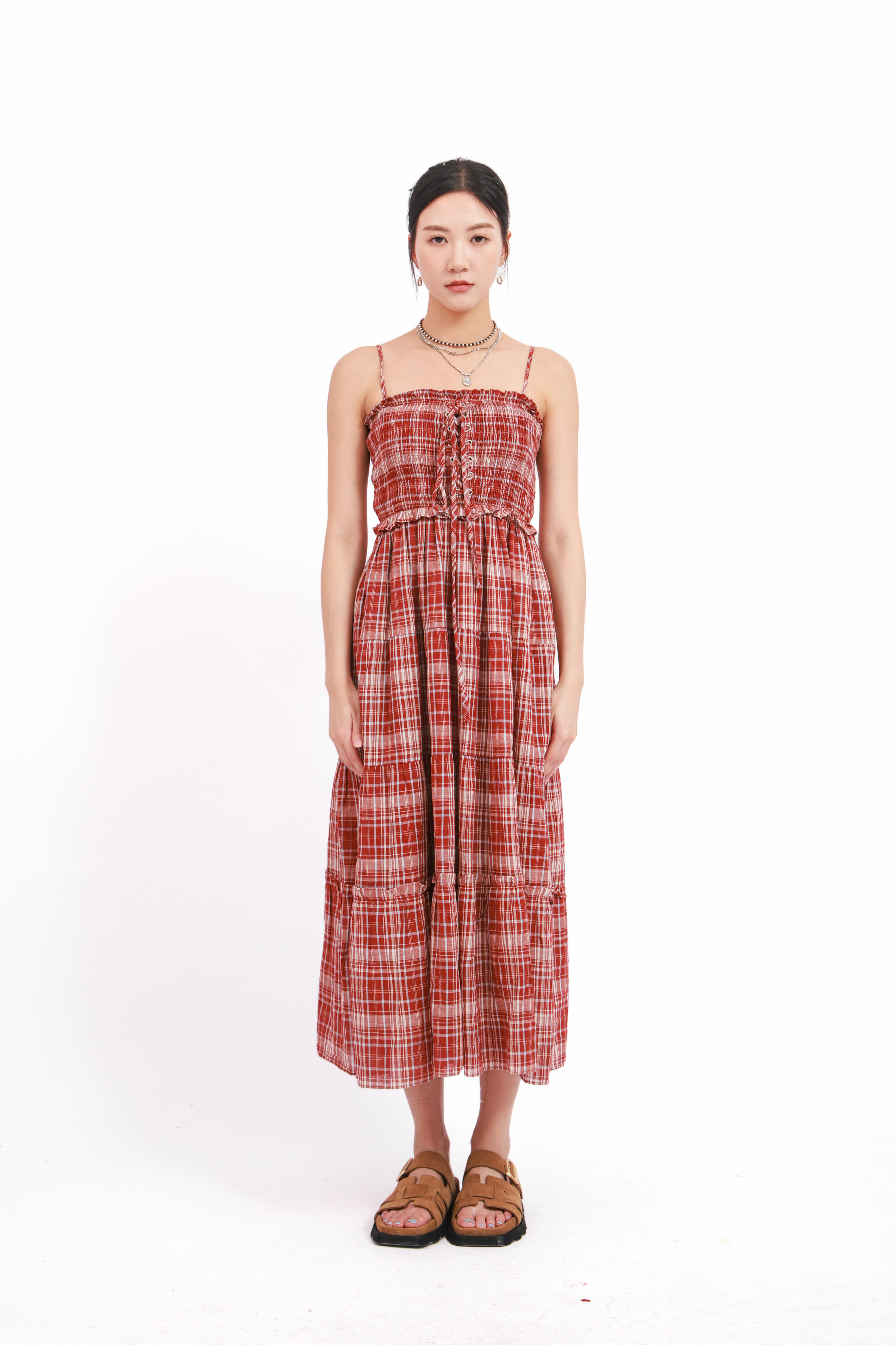 拉橡筋綁繩胸格仔連身裙 (*現貨款式）