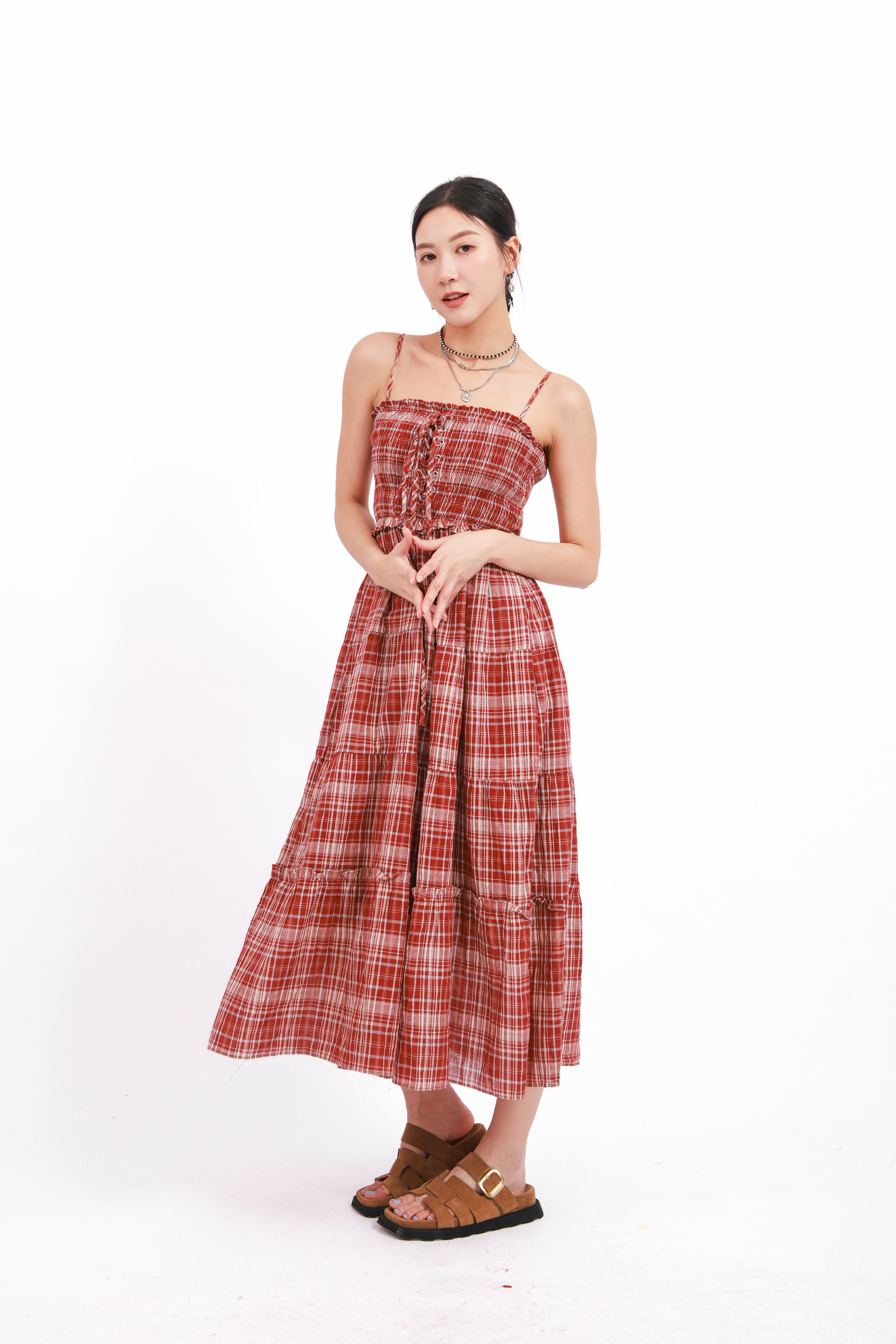 拉橡筋綁繩胸格仔連身裙 (*現貨款式）