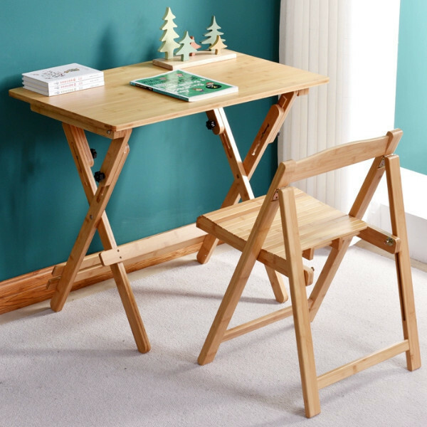 Hot selling bamboo solid wood furniture, computer desk, dressing table, study table (combination) [1 table + 1 folding chair, 80x50cm rectangular, solid wood color